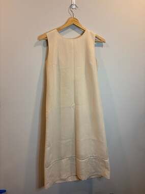 Cream Sleeveless Linen Shift Midi Dress with Hem Detail